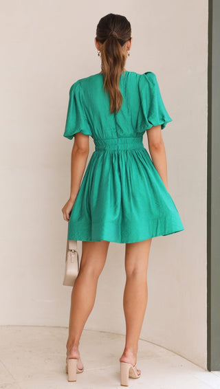 Dames Jurk – Korte Pofmouwen – Vierkante Hals – Elastisch Model – Flared Mini Lengte