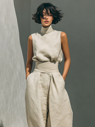 Dames Tweedelige Set met Mouwloze Blouse en Wijde Broek