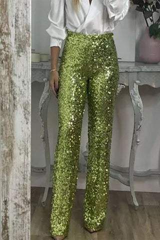 Casual Effen Pailletten Rechte Hoge Taille Speaker Effen Kleur Onderstukken Groen Geel