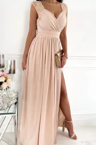 Dames Mouwloze Kanten Jurk met Open Rug Beige
