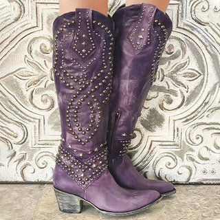 Karla Dames Western Enkellaarsjes met Studs en Hoge Hak Paars