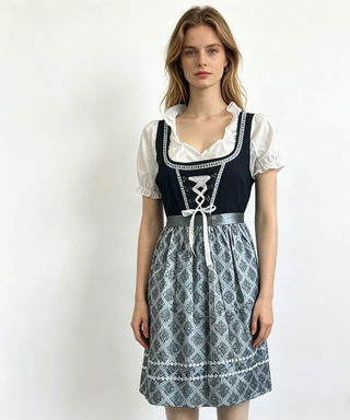Drune Dames Dirndljurk met Schort Blauw Grijs