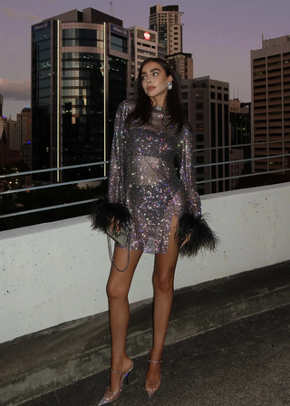 Odessa Dames Metallic Mini-jurk met Veren