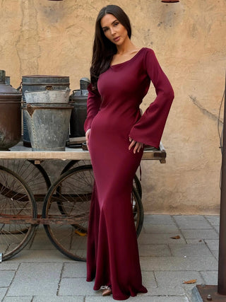 Sophie Dames Maxi-jurk met Lange Mouwen Wijnrood
