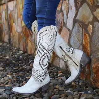 Karla Dames Western Enkellaarsjes met Studs en Hoge Hak Wit