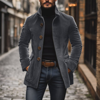 Heren Corduroy Jas voor de Herfst met Staande Kraag en Knoopsluiting