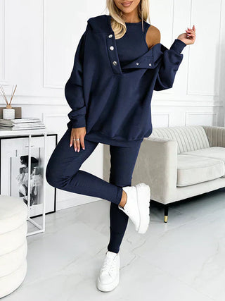 Romy Dames Driedelige Casual Set met Hoodie en Legging Marineblauw