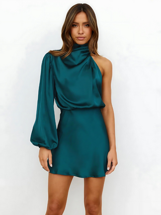 One-Shoulder Jurk Satijnen Asymmetrische Eén Schouder Groen Meerblauw