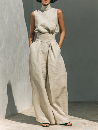Dames Tweedelige Set met Mouwloze Blouse en Wijde Broek Khaki