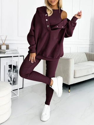 Romy Dames Driedelige Casual Set met Hoodie en Legging Bordeaux