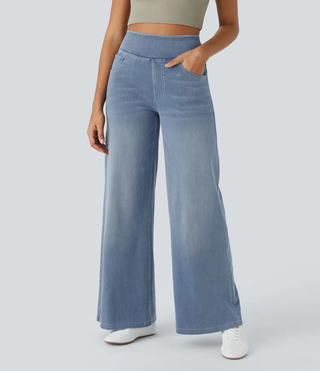 Mel Dames High-Waist Jeans met Wijde Pijpen Grijsblauwe Denim