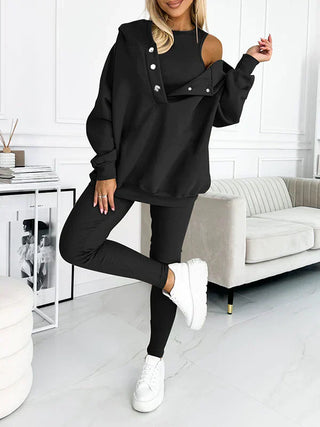 Romy Dames Driedelige Casual Set met Hoodie en Legging Zwart