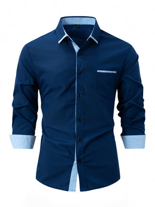 Heren Zakelijk Overhemd Herfst Slim Fit Lange Mouw Gestreept Strijkvrij Marineblauw