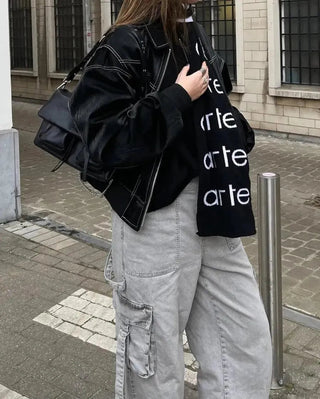 Oversized Leren Jas - Stoer en Casual - Zwart - Ideaal voor Lente, Herfst en Winter