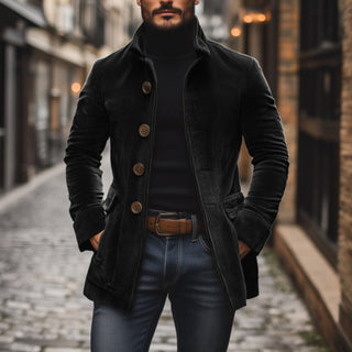 Heren Corduroy Jas voor de Herfst met Staande Kraag en Knoopsluiting
