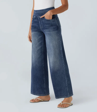 Mel Dames High-Waist Jeans met Wijde Pijpen Koningsblauwe Denim