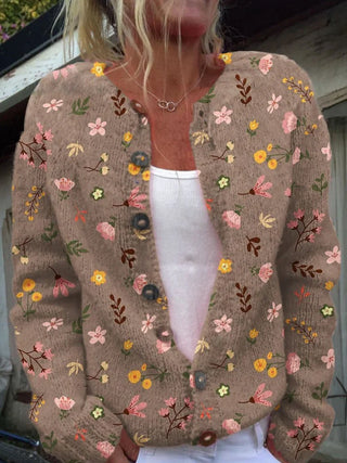 Dames Vest met Bloemenpatroon | Ronde Hals Bruin