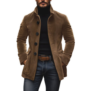Heren Corduroy Jas voor de Herfst met Staande Kraag en Knoopsluiting Lichtbruin