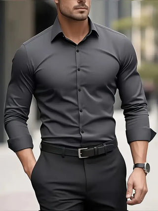 Heren Lange Mouw Overhemd Slim Fit van Ademend Materiaal Donkergrijs