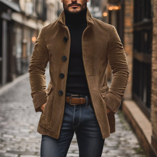 Heren Corduroy Jas voor de Herfst met Staande Kraag en Knoopsluiting