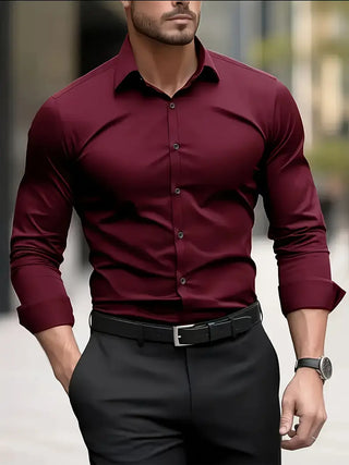 Heren Lange Mouw Overhemd Slim Fit van Ademend Materiaal Bordeaux