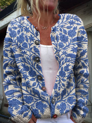 Dames Vest met Bloemenpatroon | Ronde Hals Blauw