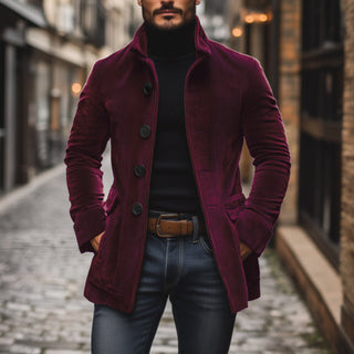 Heren Corduroy Jas voor de Herfst met Staande Kraag en Knoopsluiting