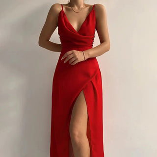 Isabelle Dames Maxi-jurk met V-hals Rood