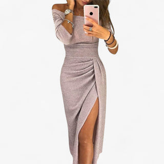 Mechi | Dames Elegante Jurk – Off-Shoulder Design & Verfijnde Pasvorm Paars
