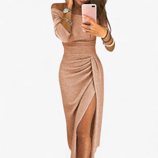 Mechi | Dames Elegante Jurk – Off-Shoulder Design & Verfijnde Pasvorm Beige