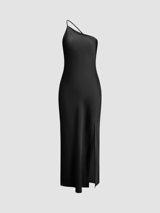 Dames Slip Dress – Zijdezachte Satijnlook – One-Shoulder – Midi Lengte – Met Split Zwart