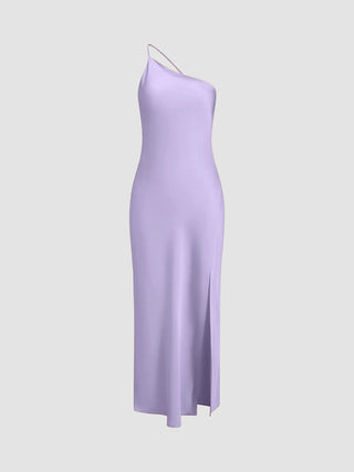 Dames Slip Dress – Zijdezachte Satijnlook – One-Shoulder – Midi Lengte – Met Split Paars