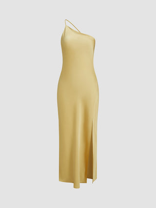 Dames Slip Dress – Zijdezachte Satijnlook – One-Shoulder – Midi Lengte – Met Split