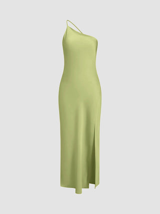 Dames Slip Dress – Zijdezachte Satijnlook – One-Shoulder – Midi Lengte – Met Split Groen