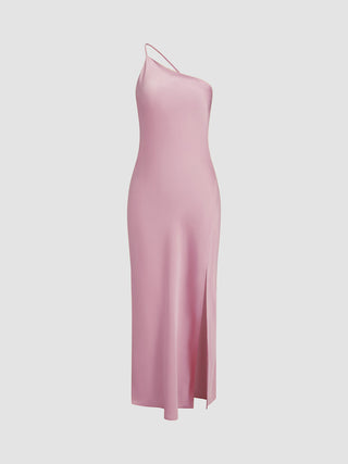 Dames Slip Dress – Zijdezachte Satijnlook – One-Shoulder – Midi Lengte – Met Split Roze