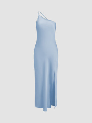 Dames Slip Dress – Zijdezachte Satijnlook – One-Shoulder – Midi Lengte – Met Split Blauw