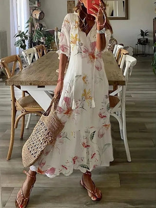 Luna | Bohemian zomerjurk met korte mouwen en V-hals voor dames | Maxi beige
