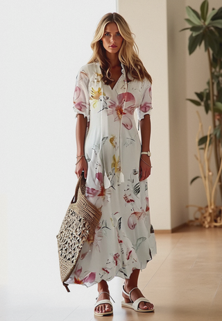 Luna | Bohemian zomerjurk met korte mouwen en V-hals voor dames | Maxi