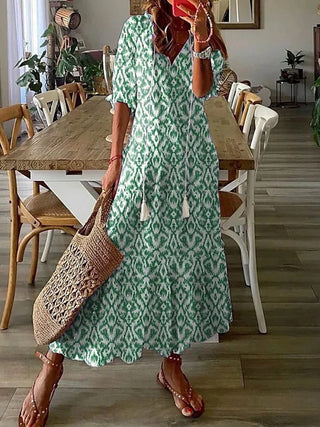Luna | Bohemian zomerjurk met korte mouwen en V-hals voor dames | Maxi groen