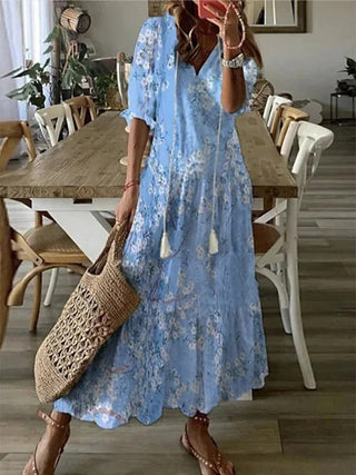 Luna | Bohemian zomerjurk met korte mouwen en V-hals voor dames | Maxi hemelsblauw