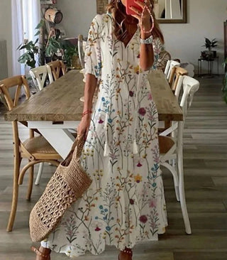 Luna | Bohemian zomerjurk met korte mouwen en V-hals voor dames | Maxi Meerkleurig