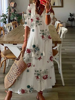 Luna | Bohemian zomerjurk met korte mouwen en V-hals voor dames | Maxi wit