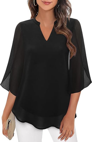 Blouse met driekwartmouwen, soepelvallende stof, formele stijl zwart