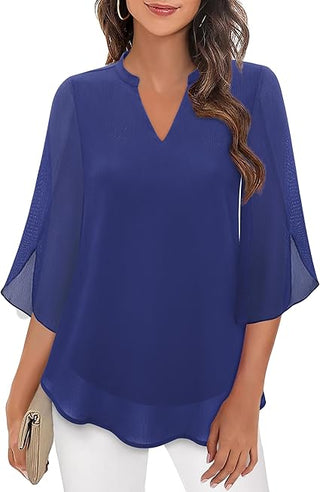 Blouse met driekwartmouwen, soepelvallende stof, formele stijl blauw