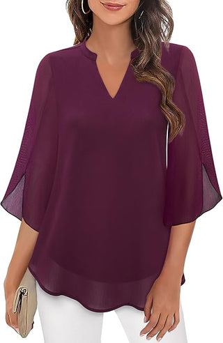 Blouse met driekwartmouwen, soepelvallende stof, formele stijl bordeauxrood