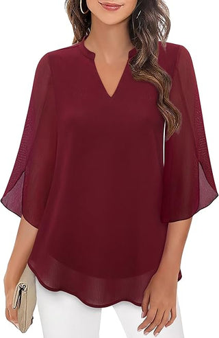 Blouse met driekwartmouwen, soepelvallende stof, formele stijl wijnrood
