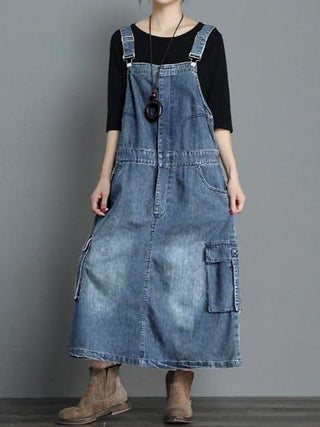 Dames Jurk Denim Maxi Losse Pasvorm met Verstelbare Schouderbanden Lichtblauw