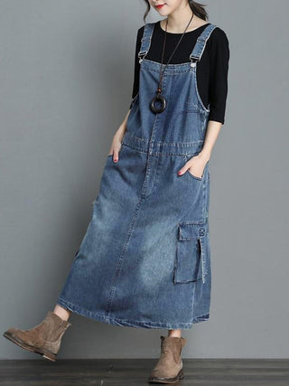 Dames Jurk Denim Maxi Losse Pasvorm met Verstelbare Schouderbanden