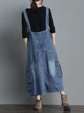 Dames Jurk Denim Maxi Losse Pasvorm met Verstelbare Schouderbanden