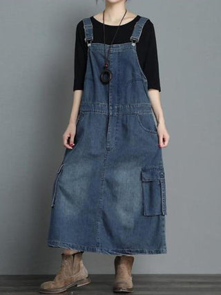 Dames Jurk Denim Maxi Losse Pasvorm met Verstelbare Schouderbanden Donkerblauw